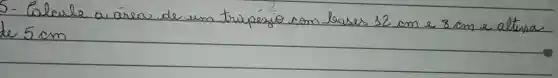 - Calcule a área de un trapério com bases 12 mathrm(~cm) e 8 mathrm(~cm) e altura