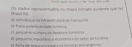 (Carta Copital AnoNK,me786,18-set.2013,0,64
Os dados representados no mapa tornam evidente que no
Brasil há
a) deficiência na infraestrutura de transporte.
b) fraca potencialidade turistica.
c) pequeno número de destinos turísticos.
d) pequena importância econômica do setor de turismo.
e) falta de seguranca para os turistas estrangeiros.