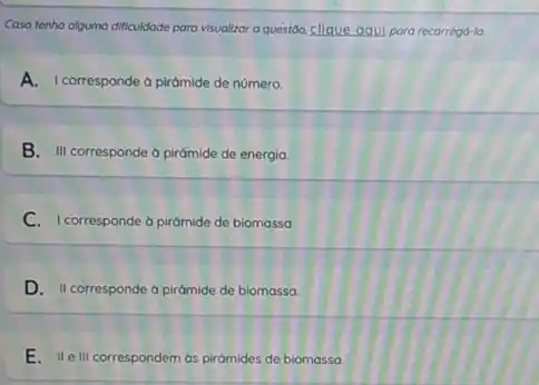 Caso tenha olguma dificuldade para visualizar a questdo.clique aqui para recorregd-la
A. I corresponde o pirdmide de número.
B. III corresponde a pirǎmide de energia.
C.I corresponde a pirámide de biomassa
D. II corresponde a pirdmide de biomassa
E. II ell correspondem as pirámides de biomassa