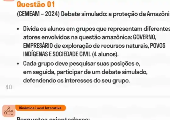 (CEMEAM -2024 ) Debate simulado: a proteção da Amazôni
Divida os alunos em grupos que representam diferentes
atores envolvidos na questão amazônica : GOVERNO,
EMPRESÁRIO de exploração de recursos naturais,, POVOS
INDIGENAS E SOCIEDADE CIVIL (4 alunos).
Cada grupo deve pesquisar suas posições e,
em seguida participar de um debate simulado,
defendendo os interesses do seu grupo.