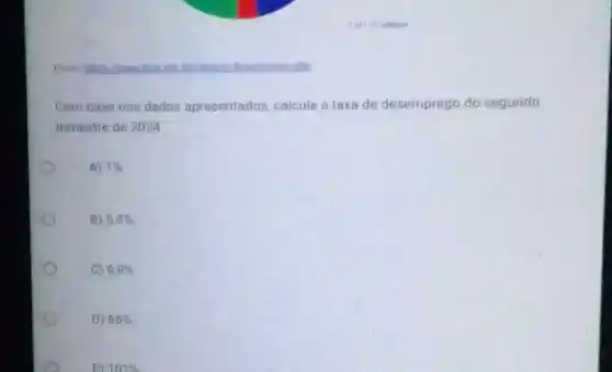 Com base nos dados apresentados, calcule a taxa de desemprego do segundo
trimestre de 2024
A) 1% 
B) 5,4% 
C) 6,9% 
D) 66% 
A	101%