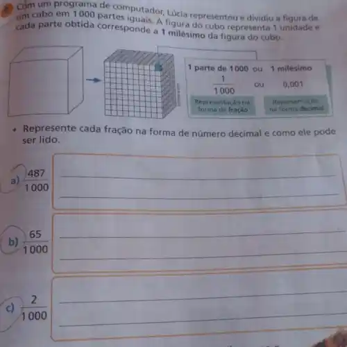 (a) Com um programa de computador, Lúcia representou e dividiu a figura de
um cubo em 1000 partes guals. A figura do cubo representa 1 unidade e
cada parte obtida corresponde a 1 milésimo da figura do cubo.
1 parte de 1000 ou 1 milésimo
(1)/(1000) ou 0,001
Representação na Representação
forma de fração na forma decimal
- Represente cada fração na forma de número decimal e como ele pode
ser lido.
(487)/(1000) __
b) (65)/(1000)
__
c) (2)/(1000)
__