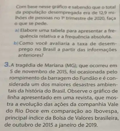 Combase nesse gráfico e sabendo que o total
da populaçǎo desempregada era de 12,9 mi-
lhoes de pessoas no trimestre de 2020 faça
que se pede.
a) Elabore uma tabela para apresentar a fre-
quência relativa e a frequência absoluta.
b)Como vocé avaliaria a taxa de desem-
prego no Brasil a partir das informaçóes
anteriores?
3. A tragédia de Mariana (MG), que ocorreu em
5 de novembro de 2015, foi ocasionada pelo
rompimento da barragem do Fundão eé con-
siderada um dos maiores desastres ambien-
tais da história do Brasil. Observe o gráfico de
linha apresentado em uma revista, que mos-
tra a evolução das ações da companhia Vale
do Rio Doce em comparação ao Ibovespa,
principal indice da Bolsa de Valores brasileira,