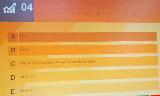 Como é chamada a classificação estatifstica em que se considera
a importancia dos
e na quantidade fornecendo informações
importantes sobre os produtos que
4 Os
B
Falteiro
c
Plano de Gerenciamento de Resíduos dos Serviços de Saúde.
D
Curva ABC.
Curva XYZ.