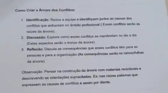 Como Criar a Árvore dos Conflitos:
1. Identificação: Reúna a equipe e identifiquem juntos as causas dos
conflitos que enfrentam no âmbito profissional (Esses conflitos serão as
raizes da árvore).
2. Discussão: Explore como esses conflitos se manifestam no dia a dia
(Estes aspectos serão o tronco da árvore).
3. Reflexão: Discuta as consequências que esses conflitos têm para as
pessoas e para a organização (As consequências serão os ramos/folhas
da árvore).
Observação: Pensar na construção da árvore com materiais recicláveis e
descrevendo as orientações supracitadas. Ex: nas raizes palavras que
expressem as causas de conflitos e assim por diante.