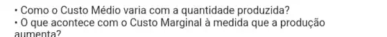 - Como o Custo Médio varia com a quantidade produzida?
- O que acontece com o Custo Marginal à medida que a produção
aumenta?