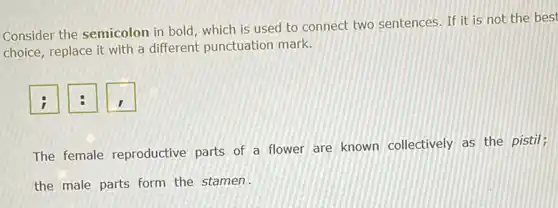 Consider the semicolon in bold, which is used to connect two sentences . If it is not the best
choice, replace it with a different punctuation mark.
The female reproductive parts of a flower are known collectively as the pistil;
the male parts form the stamen.