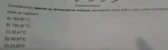 Considerando apenas as temperaturas máximas apresentadas nesse gráfico, qual a média de temperatu
Capitais Brasileiras
entre as capitais?
A) 185,80^circ C
B) 138,30^circ C
C) 32,41^circ C
D) 30,97^circ C
E) 23,05^circ C