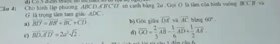 Câu 4:
d) Có 5 diem thuộc đó thị hàm so co lọa độ ng
Cho hình lập phương ABCD. A'B'C'D' có cạnh bằng 2a . Gọi O là tâm của hình vuông BCC'R , và
G là trọng tâm tam giác ADC .
a)
overrightarrow (BD')=overrightarrow (BB')+overrightarrow (BC)+overrightarrow (CD)
b) Góc giữa
overrightarrow (DA') và overrightarrow (AC) bằng 60^circ 
c)
overrightarrow (BD)cdot overrightarrow (A'D')=2a^2sqrt (2)
d) overrightarrow (GO)=(2)/(3)overrightarrow (AB)-(1)/(6)overrightarrow (AD)+(1)/(2)overrightarrow (AA')