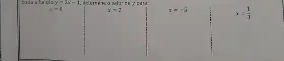 Dada a função y=2x-1 determine o valor de y para:
x=0
x=2
x=-5
x=(1)/(3)