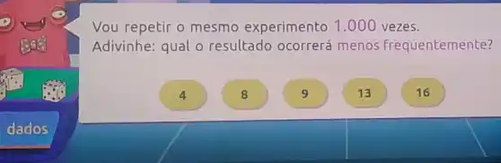 dados
Vou repetir o mesmo experimento 1.000 vezes.
Adivinhe: qual o resultado ocorrerá menos frequentemente?
4
)
)
16