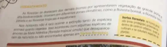 DESMATAMENTO
perada e as florestas tropicals e equatorials
se destacam dos demain bions elimaticas, come a
Nos hotspots, nào e rare acorrer a extingão tante de especies
animals quanto vegetaie. Isso aconteceu com algumat de
umida) que desaparece
ram da natureza ou sao encontradas apenas em hortos florestals
dentro de contegiden prosimal geral. dentro de
plantas plantas so sstudam