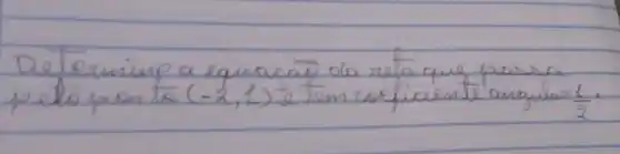 Determine a equacao da reta que passa pelo ponto (-2,1) e tem coeficiente anquhar (1)/(2) .