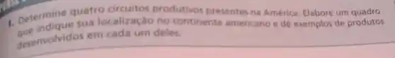 Determine quatro produtivos presentes na América. Elabore um
sua localização no continente americano e dê exemplos de produtos
desenvolvidos em cada um deles.