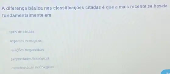 A diferença básica nas classificações citadas é que a mais recente se baseia
fundamentalmente em
tipos de células
aspectos ecológicos
relações filogenéticas
propriedades fisiológicas
caracteristicas morfológicas