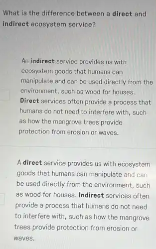 What is the difference between a direct and
indirect ecosystem service?
An indirect service provides us with
ecosystem goods that humans can
manipulate and can be used directly from the
environment, such as wood for houses.
Direct services often provide a process that
humans do not need to interfere with, such
as how the mangrove trees provide
protection from erosion or waves.
A direct service provides us with ecosystem
goods that humans can manipulate and can
be used directly from the environment , such
as wood for houses Indirect services often
provide a process that humans do not need
to interfere with , such as how the mangrove