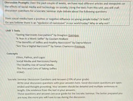 Discussion Prompts: Over the past couple of weeks,we have read different articles and viewpoints on
the effects of social media and technology on society. Using the texts from this unit, you will craft
discussion questions for a Socratic Seminar style debate about the following questions:
Does social media have a positive or negative influence on young people today? Or both?
Do you believe there is an "epidemic of narcissism" in our world today? Why or why not?
Unit 3 Texts
"Seeing Narcissists Everywhere" by Douglass Quenqua
"A Year in a Word: Selfie" by Gautam Malkani
"The Benefits of Selfies and Healthy Narcissism" by Dayna Mason
"Are You a Digital Narcissist?" by Tomas Chamorro -Premuzic
Concepts
Ethos, Pathos, and Logos
Social Media and Narcissism/Vanity
The Healthy Use of Social Media
The Pros and Cons of Taking Selfies
FOMO
Socratic Seminar Discussion Questions and Answers 70%  of your grade)
Write your discussion questions with your answers here.Good discussion questions are open-
ended and thought-provoking Your answers should be detailed and multiple sentences in
length. Cite evidence from the text in your answers.
These questions and answers are your guide for the Socratic Seminar. The better prepared you
are now, the more you will have to say during the discussion.