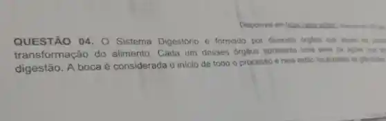 Disponivel
QUESTÃO 04.0 Sistema Digestório é formado por diversos orgâos que atuam no proce
transformação do alimento .Cada um desses órgãos apresenta uma série de agbes gue a
digestão A boca é considerada o início de todo o processo e nela estão localizadas as glandulas