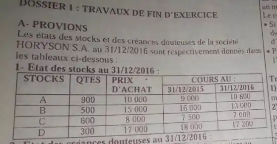 DOSSIER 1 : TRAVAUX DE FIN D'EXERCICE
A- PROVIONS
Les états des stocks et des créances douteuses de la société HORYSON S.A. au 31/12/2016 sont respectivement donnés dans les tableau ci-dessous :
1- Etat des stocks au 31/12/2016 :

 STOCKS & QTES & }(l)
PRIX 
D'ACHAT
 
cline ( 2 - 5 ) & & & 31 / 12 / 2015 & 31 / 12 / 2016 
 A & 900 & 10000 & 9000 & 10800 
 B & 500 & 15000 & 16000 & 13000 
 C & 600 & 8000 & 7500 & 7000 
 D & 300 & 17000 & 18000 & 17200