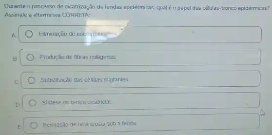 Durante o processo de cicatrização de feridas epidérmicas qual é o papel das células-tronco epidérmicas?
Assinale a alternativa CORRETA:
Eliminação de microrganismos
Produção de fibras colágenas
Substituição das células migrantes.
Sintese do tecido cicatricial
Formação de uma crosta sob a ferida