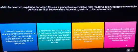 efelto fotoelétrico explicado por Albert Einstein, é crucial na físlca The rendeu o Prêmio Nobel
efelto fotoelétrico ocorre
quando elétrons são ejetados de
um objeto por causa do
intensidade da luz incidente
independentemente da sua
frequência.
fenómeno explica como o luz
ao agir como uma onda, transfere
energia sufficiente para liberar
elétrons de um objeto puramente
como matéria Independente de
energia.
efeito fotoelétrico d demonstro
que a luz também se comporta
como uma	sendo que
em algumas frequências de luze
possivel liberar trons c
material
explicação de Einstein para
efelto fotoelétrico mostrou que
luz nǎo Interage diretamente com
os eletrons, mas aumenta
temperatura do material
eletrons