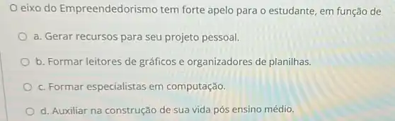 eixo do Empreendedo rismo tem forte apelo para o estudante, em função de
a. Gerar recursos para seu projeto pessoal.
b. Formar leitores de gráficos e organizadores de planilhas.
c. Formar especialistas em computação.
d. Auxiliar na construção de sua vida pós ensino médio.