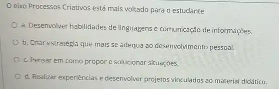 eixo Processos Criativos está mais voltado para o estudante
a. Desenvolver habilidades de linguagens e comunicação de informações.
b. Criar estratégia que mais se adequa ao desenvolvimento pessoal!
c. Pensar em como propor e solucionar situações.
d. Realizar experiências e desenvolver projetos vinculados ao material didático.