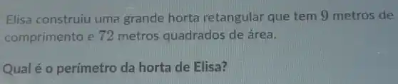 Elisa construiu uma grande horta retangular que tem 9 metros de
comprimento e 72 metros quadrados de área.
Qualé 0 perímetro da horta de Elisa?