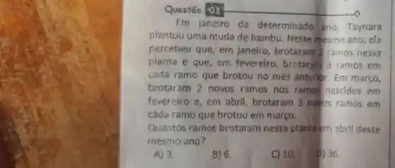 Em janeiro de determinado ano, Taynara
plantou uma muda de bambu.Nesse mesmo ano , ela
percebeu que em janeiro brotaram 2 ramos nessa
planta e que , em fevereiro , brotaram'3 ramos em
cada ramo que brotou no més anterior Em março,
brotaram 2 novos ramos nos ramos nascidos em
fevereiro e em abril brotaram 3 novos ramos em
cada ramo que brotou em marco.
Quantos ramos brotaram nessa planta em abril desse
mesmo ano?
A) 3.
B) 6.
C) 10.
D) 36.