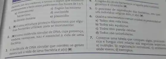 em seu cademore
Escretamente atmo entre parenteses das frases de c)bacteriano
meteromossomo
d) nucleoide
bacteriano
b) divisão binária
e) plasmídio
- (1) éuma estrutur proteica filamentose que algu-
mas bactérias utilization teica se movimentar.
circular de DNA cuja presença,
(square )
eum vantajosa, não essencial à vida de uma
bactéria.
molécula de DNV circular que contém os genes
essenciais à vida de uma bactéria é a(o)(
região da célula bacteriana ocupada pelo material
genético é chamada (m).
5. O processo de reprodução das bactérias, em que
um individuo é a(o) (m).
6. Qualéa característica comum a todos os protozoárics?
a) Todos têm vida livre.
b) Todos são aquáticos.
c) Todos têm parede celular.
d) Todos são unicelulares.
7. Construa uma tabela que compare algas, protozoá-
rios e fungos com aos seguintes aspectos:
a) nutrição; b)organização estrutural; c)ambients
onde vivem; d)exemplos.