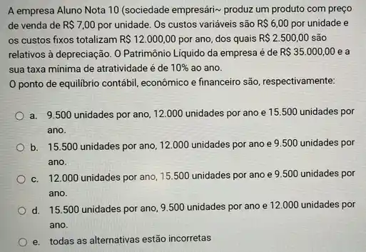 A empresa Aluno Nota 10 (sociedade empresári- produzzzz um produto com preço
de venda de RS7,00 por unidade. Os custos variáveis são R 6,00 por unidade e
os custos fixos totalizam R 12.000,00 por ano, dos quais R 2.500,00 são
relativos à depreciação. 0 Patrimônio Liquido da empresa é de R 35.000,00 ea
sua taxa mínima de atratividade é de 10%  ao ano.
ponto de equilibrio contábil, econômico e financeiro são, respectivamente:
a. 9.500 unidades por ano, 12.000 unidades por ano e 15.500 unidades por
ano.
b. 15.500 unidades por ano, 12.000 unidades por ano e 9.500 unidades por
ano.
c. 12.000 unidades por ano, 15.500 unidades por ano e 9.500 unidades por
ano.
d. 15.500 unidades por ano, 9.500 unidades por ano e 12.000 unidades por
ano.
e. todas as alternativas estão incorretas