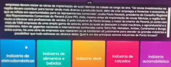 empresos devem iniciar as obras
as de implantação de suas tabricas na cidade ao longo do ano."
"Os noves investimentes is 160 devem contribuir	tornar ainda mais diversa o produção local , além de criar empregos
e fomentor .economic que sereficte cm oportunidades para a os representantes comerciais'", avalia Paulo Nauiack,presidente do Conselle
Reclone sentantes Comercials
do Paraná (Core -PR). Aliás , mesmo antes da implantação de novas fabricas
re-leo tom
GOS profissionais de
vendas.Opolo industrial de Ponta Grossa, o maior do interior do Parano
uma ampla
gama de setores , entre os quais se destacam o metal mecânico agroindustrial
e internacionais conhecidas ; como Tetra Pak,Heineken , Ambev Continental
e Bungo
de empresas que nasceram ou se instalaram ali justamente para atender ds grandes industries
alcance delas. Qual é um dos principais setores industriais de Ponto Grosser
Industrio de
eletrodomés tico
Industrio de
alimentos
bebidas
Indústria têxtil
Indústria de
calcados
Indústria
automobilistica