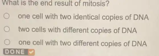 What is the end result of mitosis?
one cell with two identical copies of DNA
two cells with different copies of DNA
one cell with two different copies of DNA