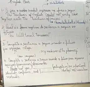 English lass
-D Habilidade
1. I gue o vube medal expresra na tase a propis. The teachers of English ceud not only "Wak together with the tracher of music
2. dual i a fama negativa da pertenca a seguir no fituro
"She Ulil trovel Tomarall"
3. Complete a rentenca a peque usands of futuro que exparsa cotuga
- my madione at the phamacy
(now compoar)
4. Camplits a partenca a souir usando of thoo para spousos apinars/pemersas/descimentos:
- Mases nat yas, rho 
(patuepatis in) on intartienal sducation conforne, and rho (dudbp) will) curnculum materibs.