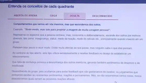 Entenda os conceitos de cada quadrante
ABERTA OU ARENA
CEGA
OCULTA
DESCONHECIDO
Comportamentos que vemos em nós mesmos, mas que escondemos dos outros.
Exemplo: "Sinto medo, mas luto para projetar a imagem de muita coragem pessoal".
Representa os aspectos que a pessoa conhece, mas consciente e deliberadamente , esconde dos outros por motivos
diversos, tais como: insegurança , status, medo da reação medo do ridiculo etc , principalmente quando inserido em um
grupo
Preferem falar pouco e ouvir muilo. Eslão muilo atentas ao que passa mas ninguém sabe o que elas pensam.
Ao contrário do tipo aberto, este tipo utiliza excessivamente o receber feedback no desejo de estabelecer um
relacionamento
Sua falta de confiança provoca a desconliança dos outros membros, gerando também sentimentos de desprezo e de
hostilidade
Desconhecido do grupo, pois ocultamos para evitar feedback que não gostariamos de receber, ou julgamentos que
possamos receber ao revelarmos sentimentos, reaçōes e pensamentos. Mas, se não assumirmos certos niscos, nunca
descobriremos quais seriam as possiveis reaçoes alheias