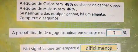 A equipe de Carlos tem 48%  de chance de ganhar o jogo.
A equipe de Mateus tem 46% 
Se nenhuma das equipes ganhar, há um empate.
Complete o seguinte:
A probabilidade de o jogo terminar em empate é de 7% 
Isto significa que um empate é dificilmente