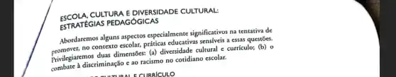 ESCOLA.CULTURA E DIVERSIDADE CULTURAL:
ESTRATÉGIAS PEDAGÓGICAS
Abordaremos alguns aspectos especialmente significativos na tentativa de
promover, no contexto escolar,práticas educativas sensiveis a essas questōes.
Privilegiaremos duas dimensôes (a) diversidade cultural e currículo; (b) o
combate à discriminação e ao racismo no cotidiano escolar.