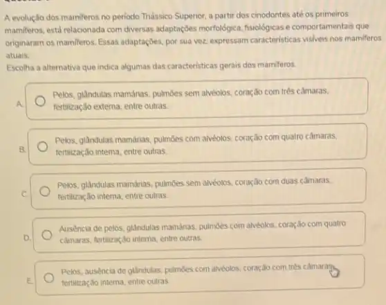 A evolução dos mamiferos no periodo Tridssico Superior.a partir dos cinodontes até os primeiros
mamiferos, está relacionada com diversas adaptações morfológica fisiológicas e comportamentais que
originaram os mamiferos. Essas adaptações, por sua vez expressam caracteristicas visiveis nos mamiferos
atuais.
Escolha a alternativa que indica algumas das caracteristicas gerais dos mamiferos.
Pelos, glandulas mamarias, pulmóes sem alvéolos, coração com trés câmaras.
A	fertilização externa, entre outras
Pelos, glandulas mamárias, pulmbes com alvéolos, coração com quatro câmaras,
B.	fertilização intema, entre outras.
Pelos, glandulas mamarias, pulmbes sem alvéolos, coração com duas camaras.
C.	fertilização interna, entre outras.
Ausencia de pelos, glàndulas mamanas, pulmōes com alvéolos coração com quatro
D.	camaras, fertilização interna, entre outras
Pelos, ausência de glândulas pulmôes com alvéolos, coraçãc com trés camaras.
E	fertilização interna, entre outras