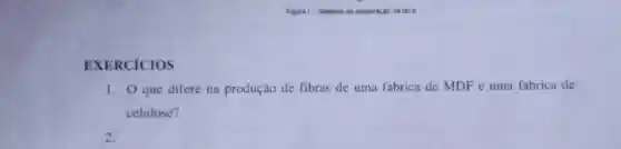 EXERCICIOS
1. Oque difere na produção de fibras de uma fabrica de MDF e uma fabrica de
celulose?
2.