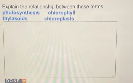 Explain the relationship between these terms.
photosynthesis chlorophyll
thylakoids
square 
chloroplasts