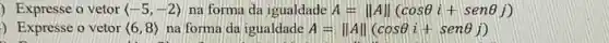 ) Expresse o vetor langle -5,-2rangle  na forma da igualdade A=Vert AVert (cosTheta i+senTheta j)
) Expresse o vetor langle 6,8rangle  na forma da igualdade A=Vert AVert (cosTheta i+senTheta j)