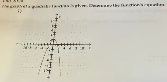 Fall 2024
The graph of a quadratic function is given.Determine the function's equation.
1)