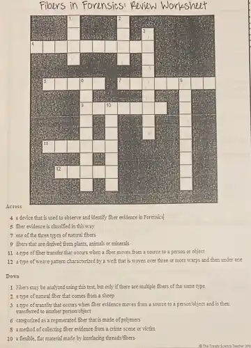 Fibers in Forensics:Review Worksheet
Across
4 a device that is used to observe and identify fber evidence in Forensics
5 fiber evidence is classified in this way
7 one of the three types of natural fibers
9 fibers that are derived from plants, animals or minerals
11 a type of fiber transfer that occurs when a fiber moves from a source to a person or object
12 a type of weave pattern characterized by a weft that is woven over three or more warps and then under one
Down
1 Fibers maybe analyzed using this test, but only if there are multiple fibers of the same type
2 a type of natural fiber that comes from a sheep
3 a type of transfer that occurs when fiber evidence moves from a source to a person'object and is then
6 categorized as a regenerated fiber that is made of polymers
8 a.method of collecting fiber exidence from a crime scene or victim
10 a flexible, flat material made by interlacing threads fibers