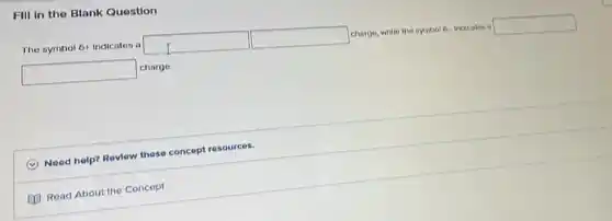 Fill in the Blank Question
The symbol 54 Indicates a
square 
square 
charge, while the symbol 6-indicates a
square 
square 
charge.
(C) Need help? Re
Review
these concept resources.
(1) Read About the Concept