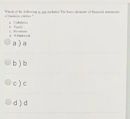 Which of the following is not included The basic elements of financial statements
of business entitics?
a Liabilitics
b. Fquity
c. Revenues
d. Withdrawal
a)a
b)b
c) C
d)d