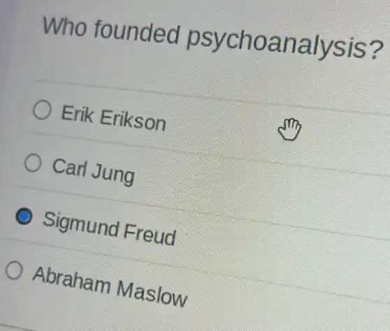 Who founded psychoa nalysis
Erik Erikson
Carl Jung
Sigmund Freud
Abraham Maslow