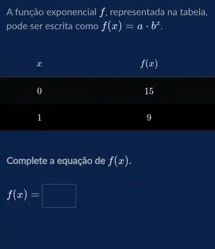 A função exponencial f, representada na tabela,
pode ser escrita como f(x)=acdot b^x
x
f(x)
15
l
g
Complete a equação de f(x)
f(x)=