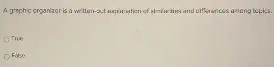 A graphic organizer is a written-out explanation of similarities and differences among topics.
True
False