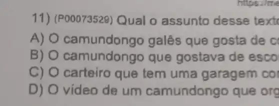 https://me
11) (PO 0073529) Qu al o assunto desse text
A) O cam undongo g ales que gosta
B) camundon go que gos tava de esco
C) carteiro que tem uma garagem co
D) 0 video de um ca mundongo que org