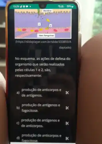 (https://slideplayer.com br/slide/333859/A
daptado)
No esquema, as ações de defesa do
organismo que serão realizados
pelas células 1 e 2, são,
respectivamente:
a)
produção de anticorpos e
de antigenos.
b)
produção de antigenos e
fagocitose.
produção de antigenos e
de anticorpos.
produção de anticorpos e
fagocitose